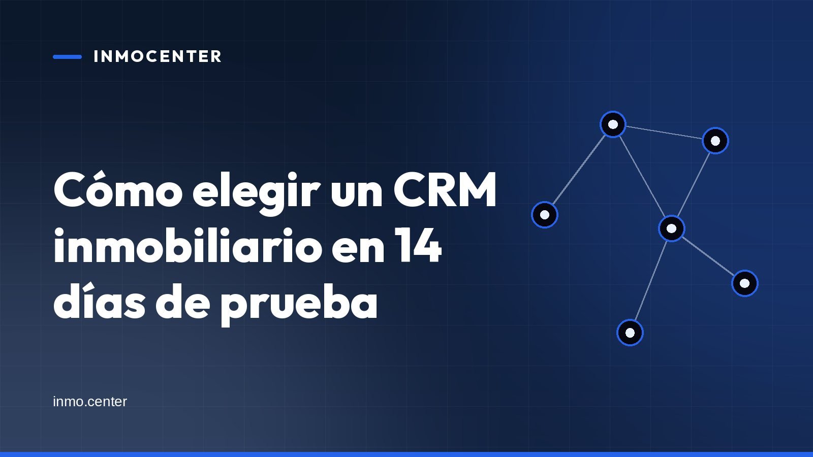 Portada gráfica de InmoCenter: una red de nodos conectados sobre fondo azul, con el titular «Cómo elegir un CRM inmobiliario en 14 días de prueba»