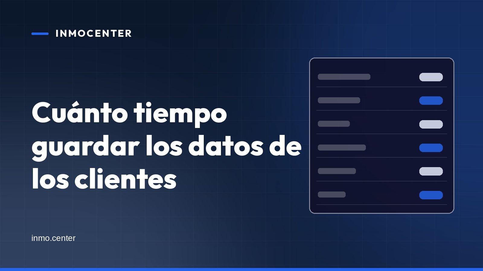 Portada gráfica de InmoCenter: una ficha con filas sobre fondo azul, con el titular «Cuánto tiempo guardar los datos de los clientes»