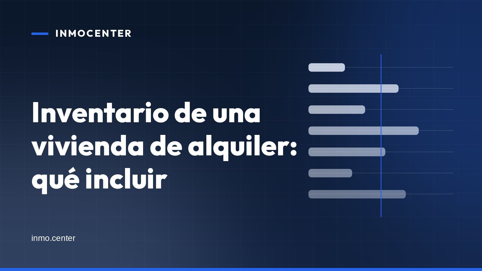 Portada gráfica de InmoCenter: barras horizontales sobre fondo azul, con el titular «Inventario de una vivienda de alquiler: qué incluir»