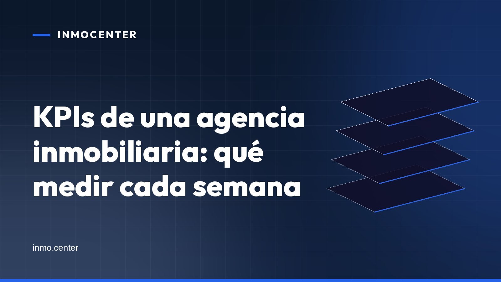 Portada gráfica de InmoCenter: capas apiladas sobre fondo azul, con el titular «KPIs de una agencia inmobiliaria: qué medir cada semana»