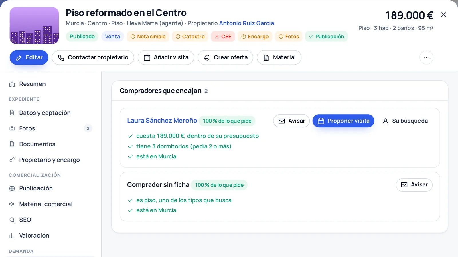 Aviso de un inmueble nuevo a los compradores cuyas demandas encajan con él