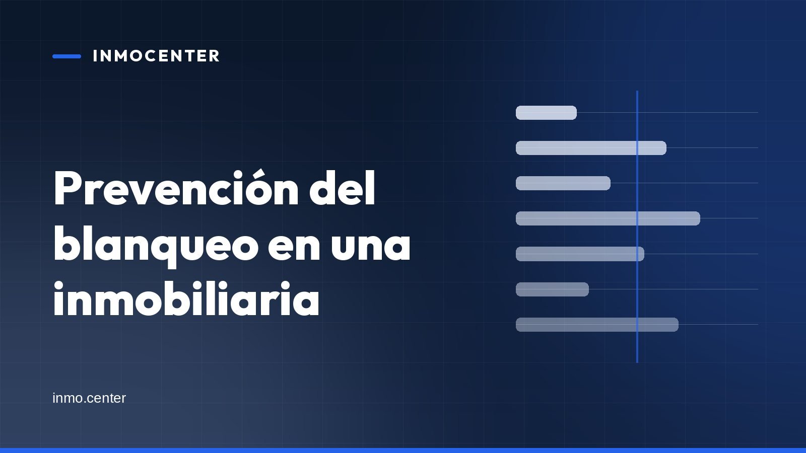 Portada gráfica de InmoCenter: barras horizontales sobre fondo azul, con el titular «Prevención del blanqueo en una inmobiliaria»