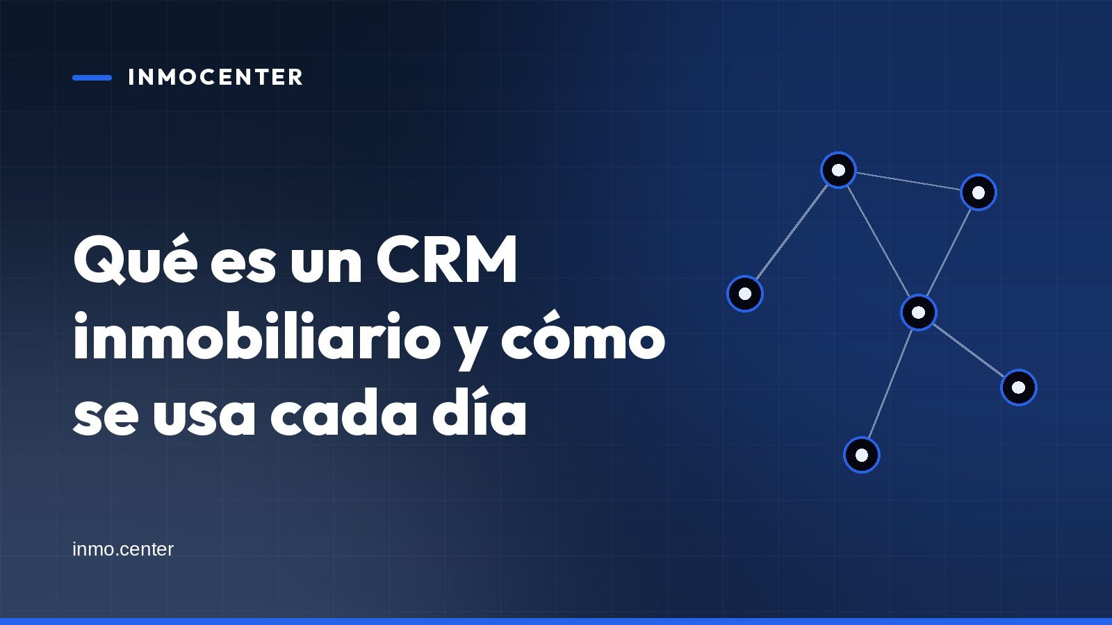 Portada gráfica de InmoCenter: una red de nodos conectados sobre fondo azul, con el titular «Qué es un CRM inmobiliario y cómo se usa cada día»