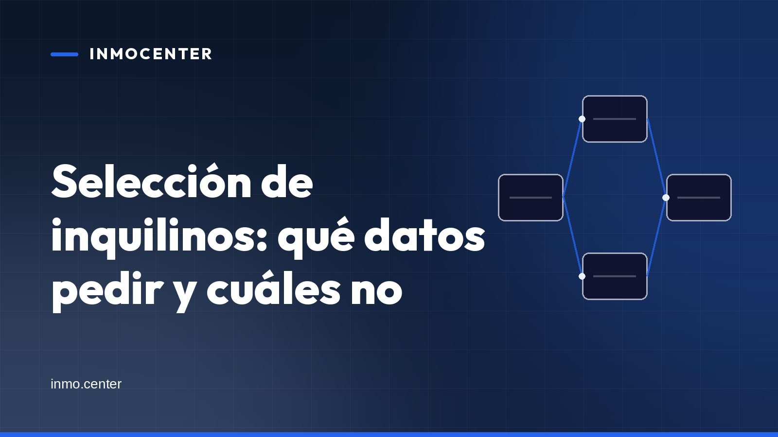 Portada gráfica de InmoCenter: un diagrama de pasos encadenados sobre fondo azul, con el titular «Selección de inquilinos: qué datos pedir y cuáles no»