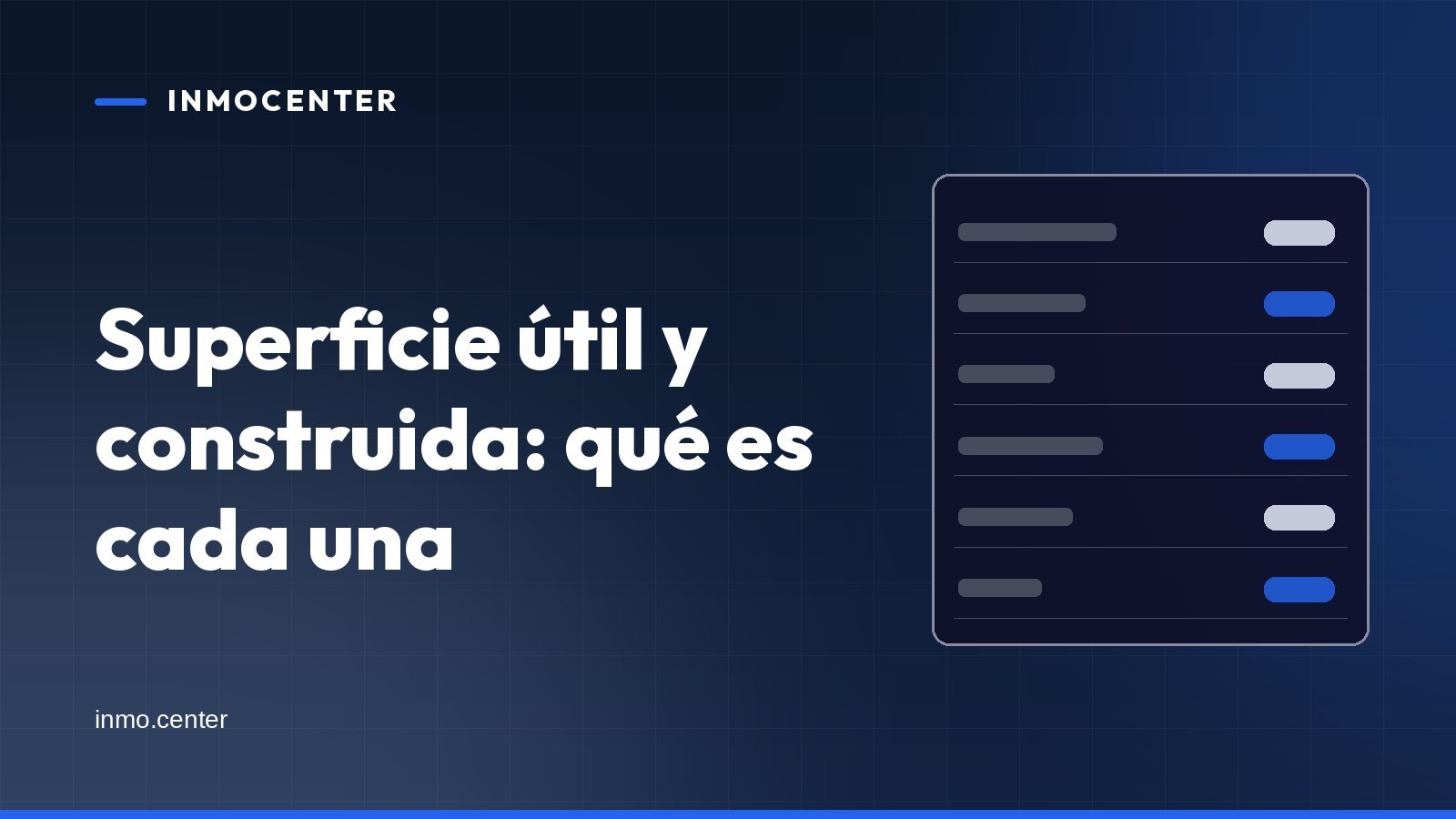 Portada gráfica de InmoCenter: una ficha con filas sobre fondo azul, con el titular «Superficie útil y construida: qué es cada una»