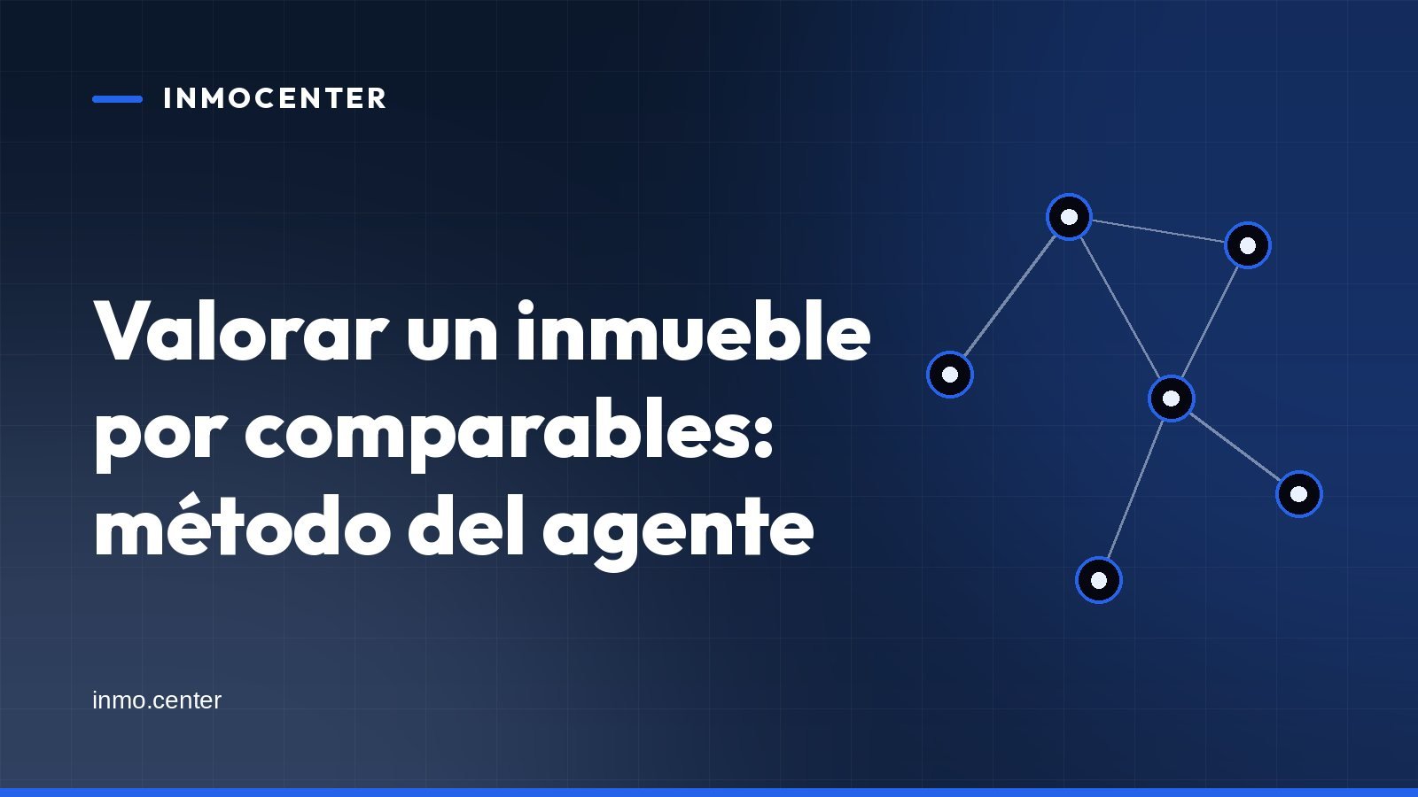 Portada gráfica de InmoCenter: una red de nodos conectados sobre fondo azul, con el titular «Valorar un inmueble por comparables: método del agente»